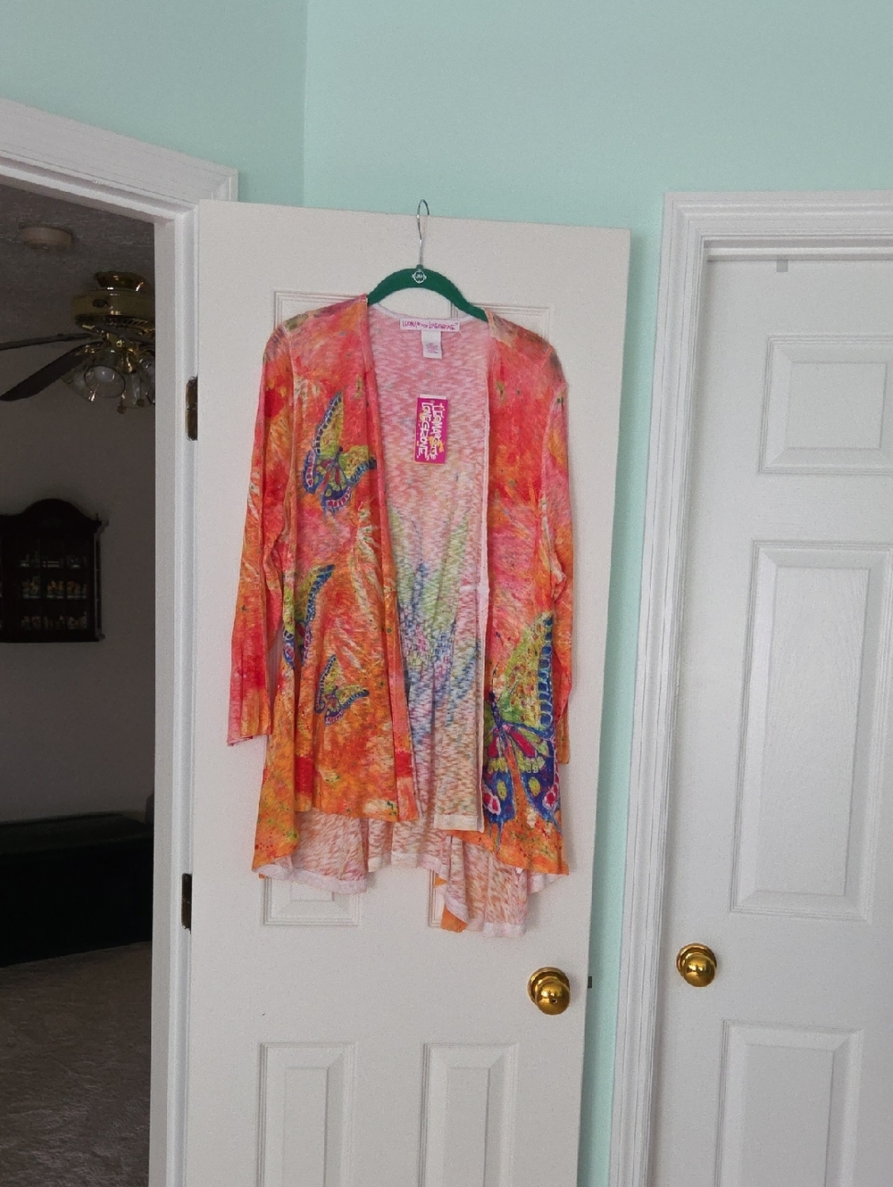Vibrant Butterfly Print Open-Front Cardigan Jacket - Orange Pink